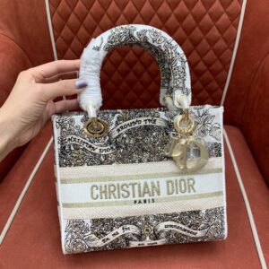 디올 (OC) 레이디 D-Lite 토트백 중형 고야딘 캔버스, 가죽 자수 핑크 3821