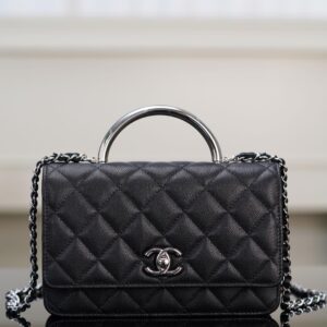 샤넬 (팬더) 25P 블랙 에나멜 핸들 백 캐비어 가죽 실버