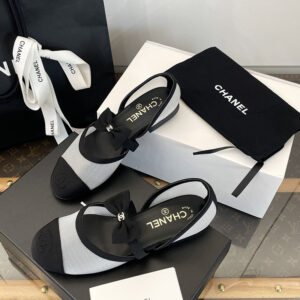 샤넬 25B 리본 메쉬 메리제인 슈즈 메쉬 그로그랭  화이트/블랙