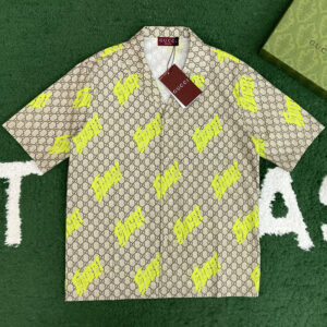 구찌 【잔디집】 커리뉴 프린트 코튼 팝린 볼링 셔츠（레어）