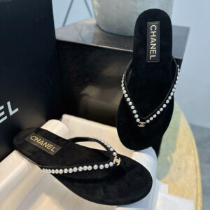 샤넬 【TJ공장】 25c CC로고 진주 벨벳 뮬 플립플랍 쪼리 슬리퍼（터보）