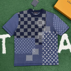 루이비통 【잔디집】 인디고 그래픽 숏 슬리브드 니티드 크루넥 티셔츠（레어）