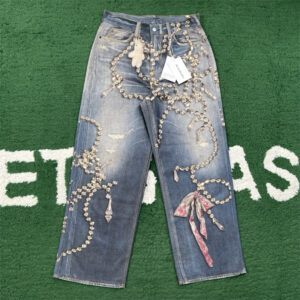 아크네 【잔디집】 크리스털 트롱프뢰유 프린트 리본 루즈 핏 진（레어）