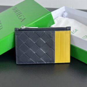 보테가 (징) BV 편직 지퍼 카드 지갑 블랙/옐로우 755985